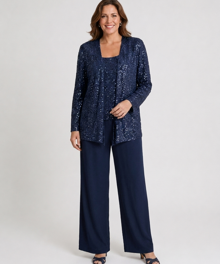 Ensemble trois pièces à paillettes – pantalon jambes larges veste texturée pour cérémonie