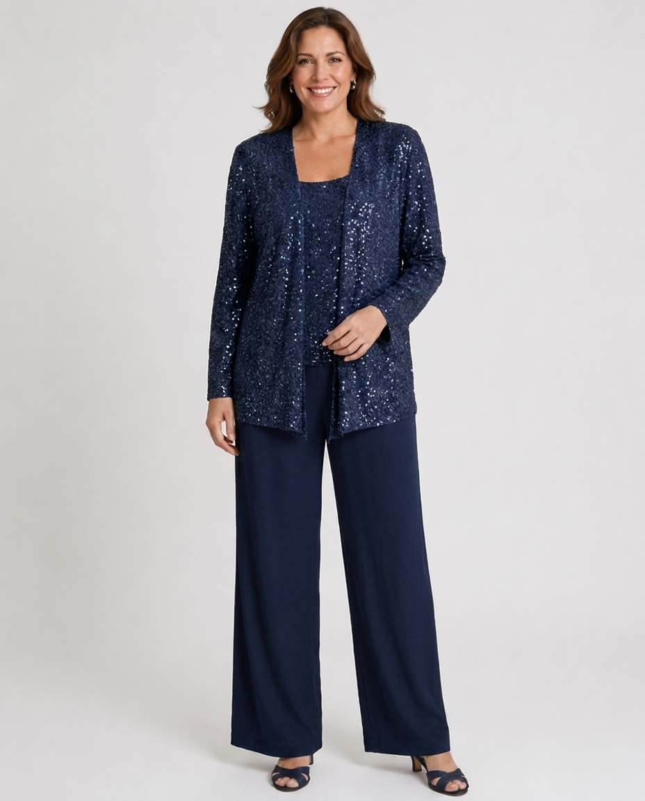 Ensemble trois pièces à paillettes – pantalon jambes larges veste texturée pour cérémonie