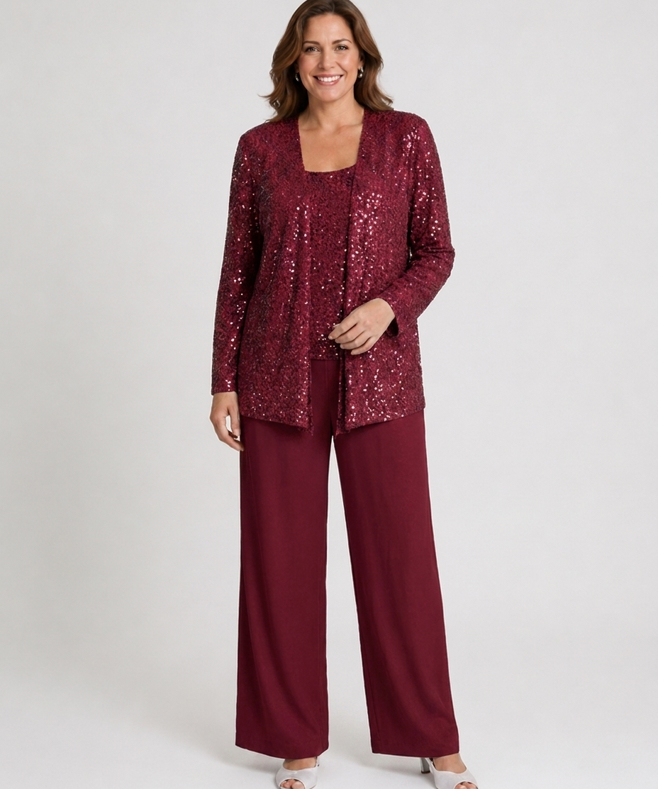 Ensemble trois pièces à paillettes – pantalon jambes larges veste texturée pour cérémonie