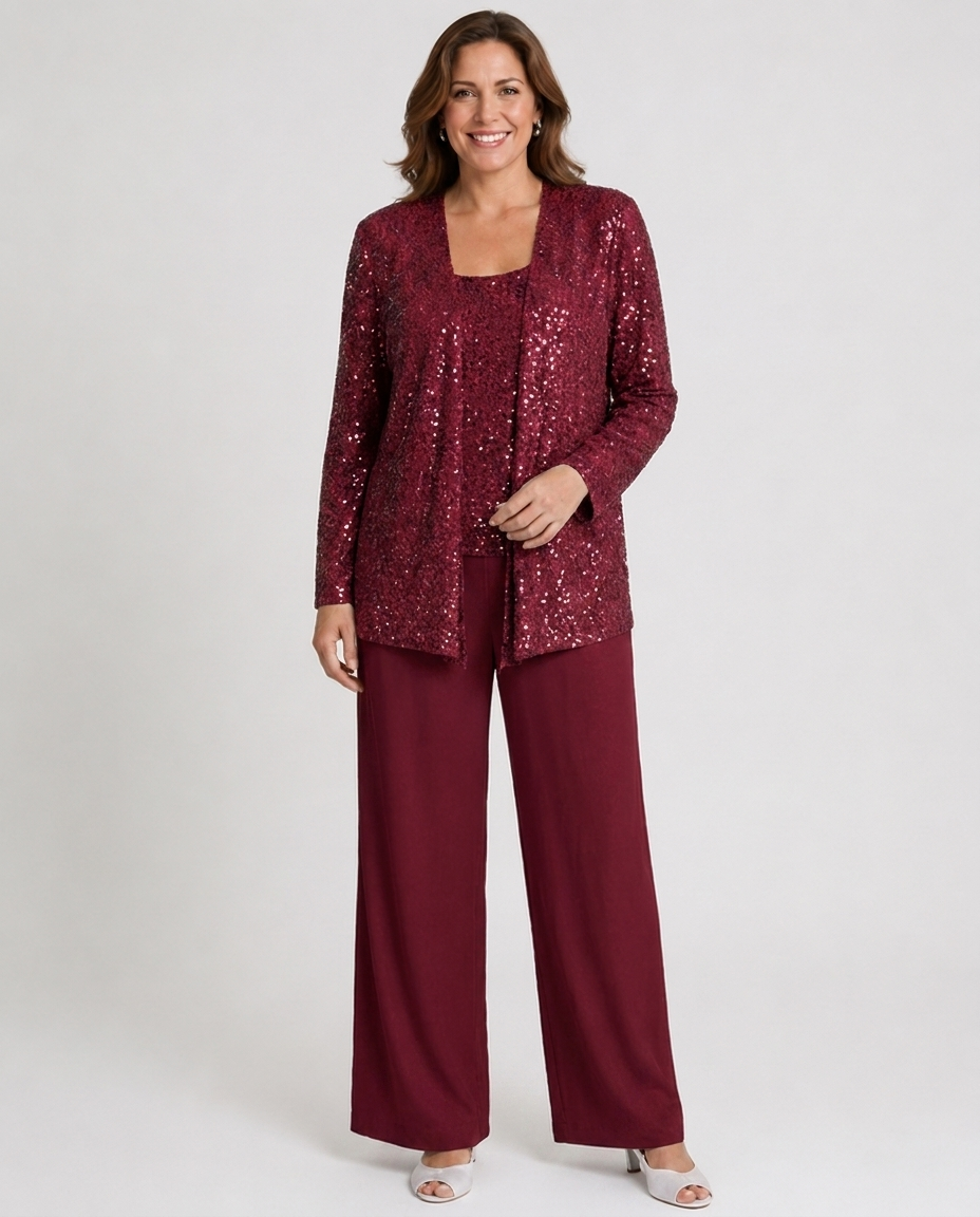 Ensemble trois pièces à paillettes – pantalon jambes larges veste texturée pour cérémonie