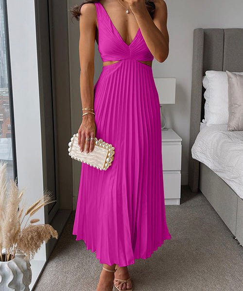 Élégante Robe Maxi Femme avec Encolure en V et Jupe Plissée