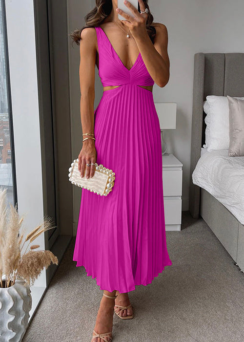 Élégante Robe Maxi Femme avec Encolure en V et Jupe Plissée