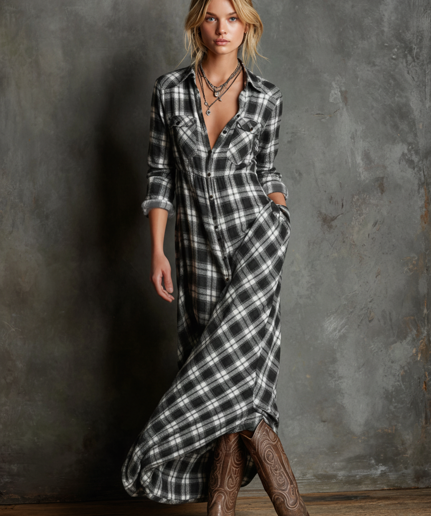 Robe Maxi à Carreaux pour Femmes avec Col Revers