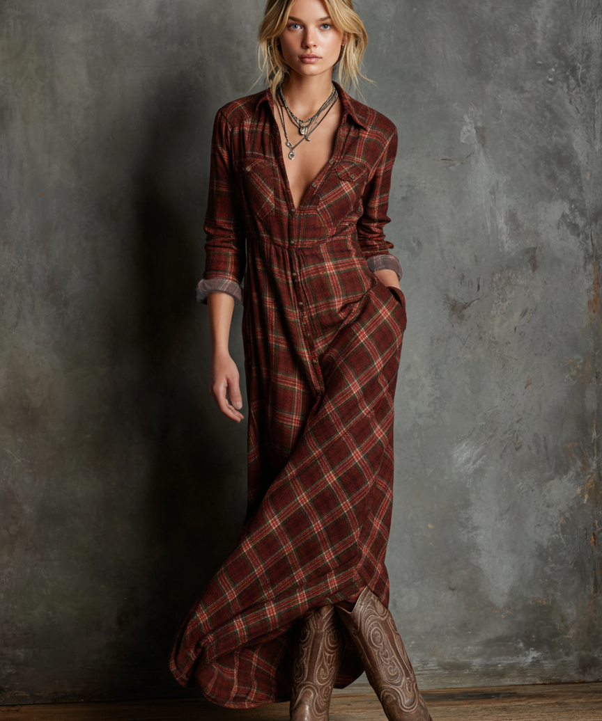 Robe Maxi à Carreaux pour Femmes avec Col Revers