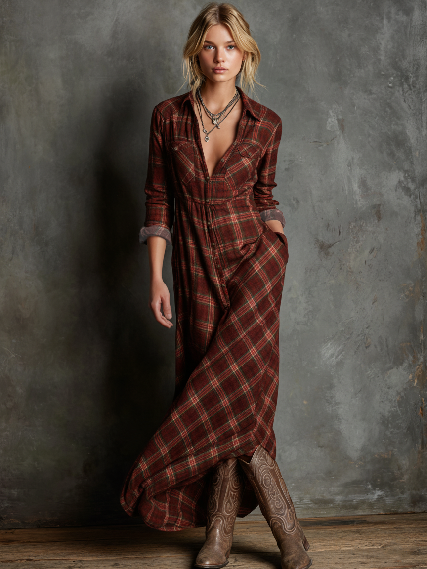 Robe Maxi à Carreaux pour Femmes avec Col Revers