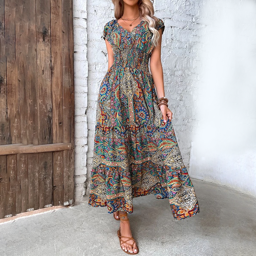 Robe Bohème Longue Élégante à Manches Courtes et Col V