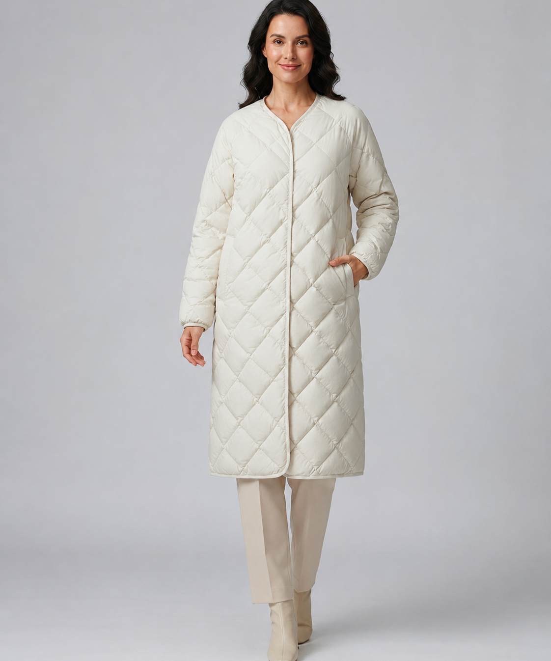Veste longue femme – duvet de canard, ouverture complète, idéale pour l’hiver