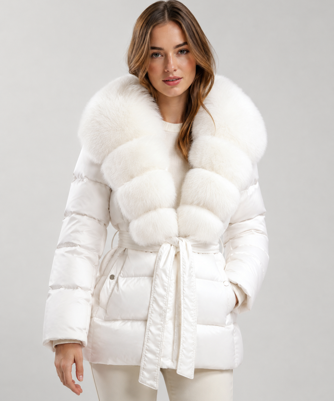Manteau Femme – Duvet de Canard, Grande Capuche en Fourrure, Hiver