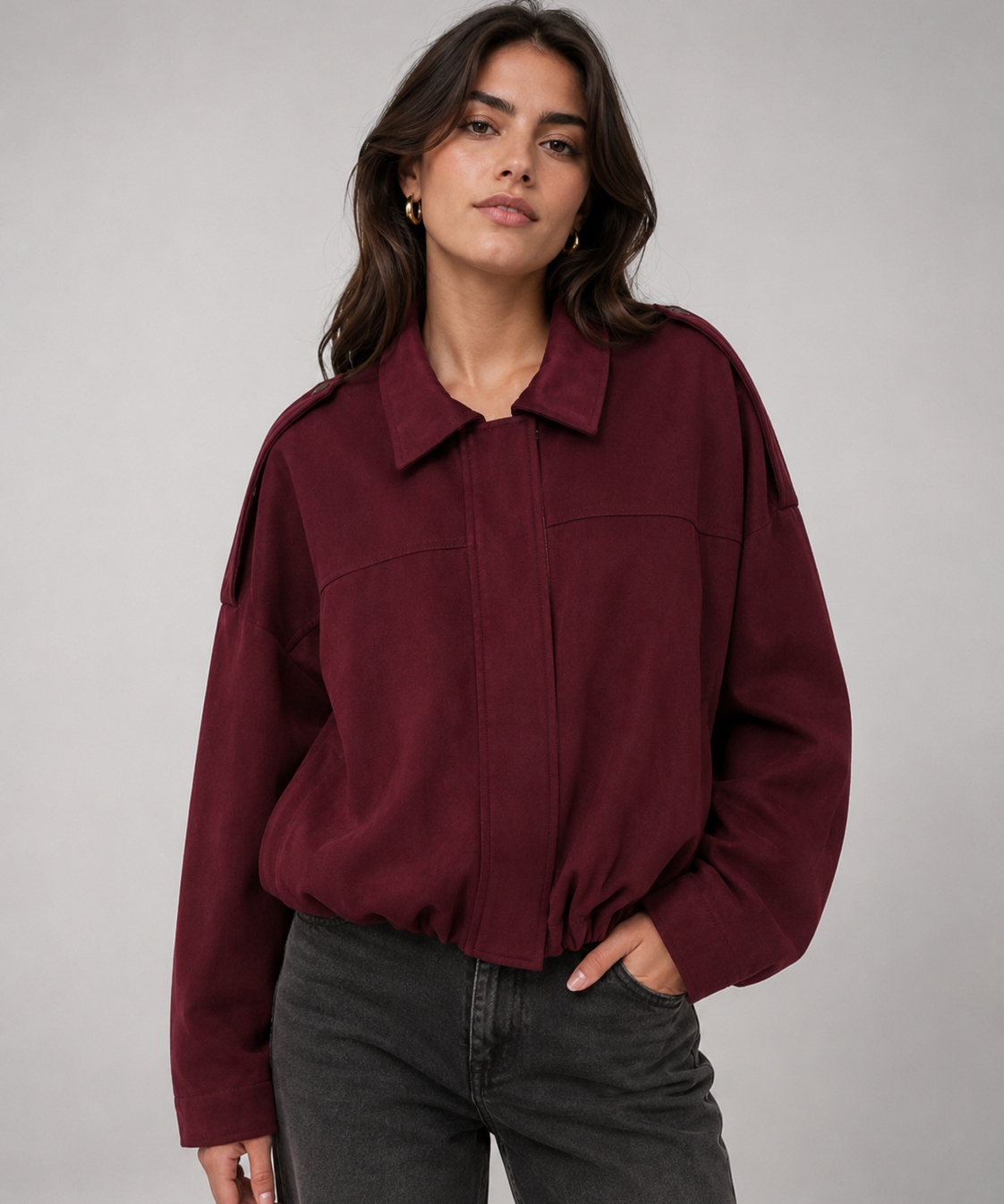 Manteau Vintage en Suédine Texturée – Manches Chauve-Souris, Col à Revers, Quotidien