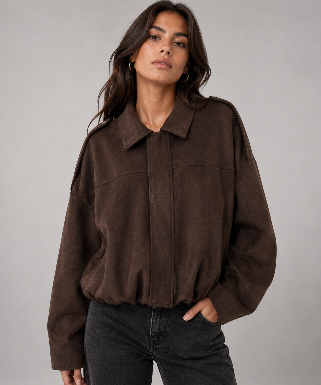 Manteau Vintage en Suédine Texturée – Manches Chauve-Souris, Col à Revers, Quotidien