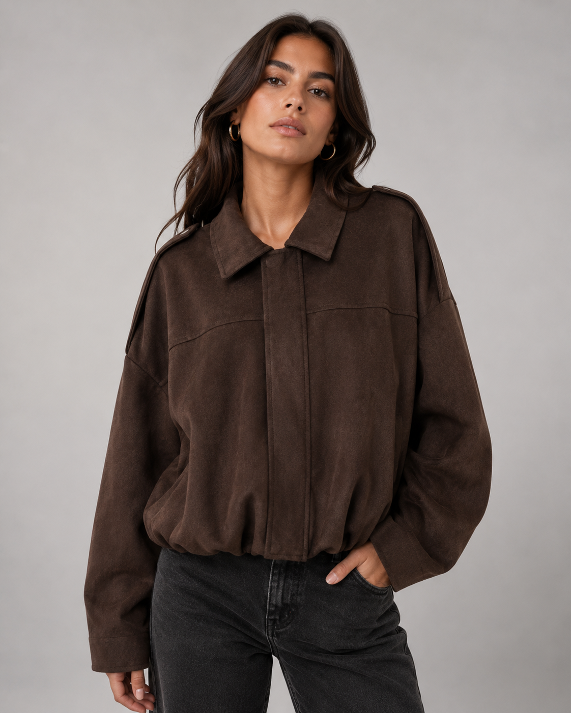Manteau Vintage en Suédine Texturée – Manches Chauve-Souris, Col à Revers, Quotidien
