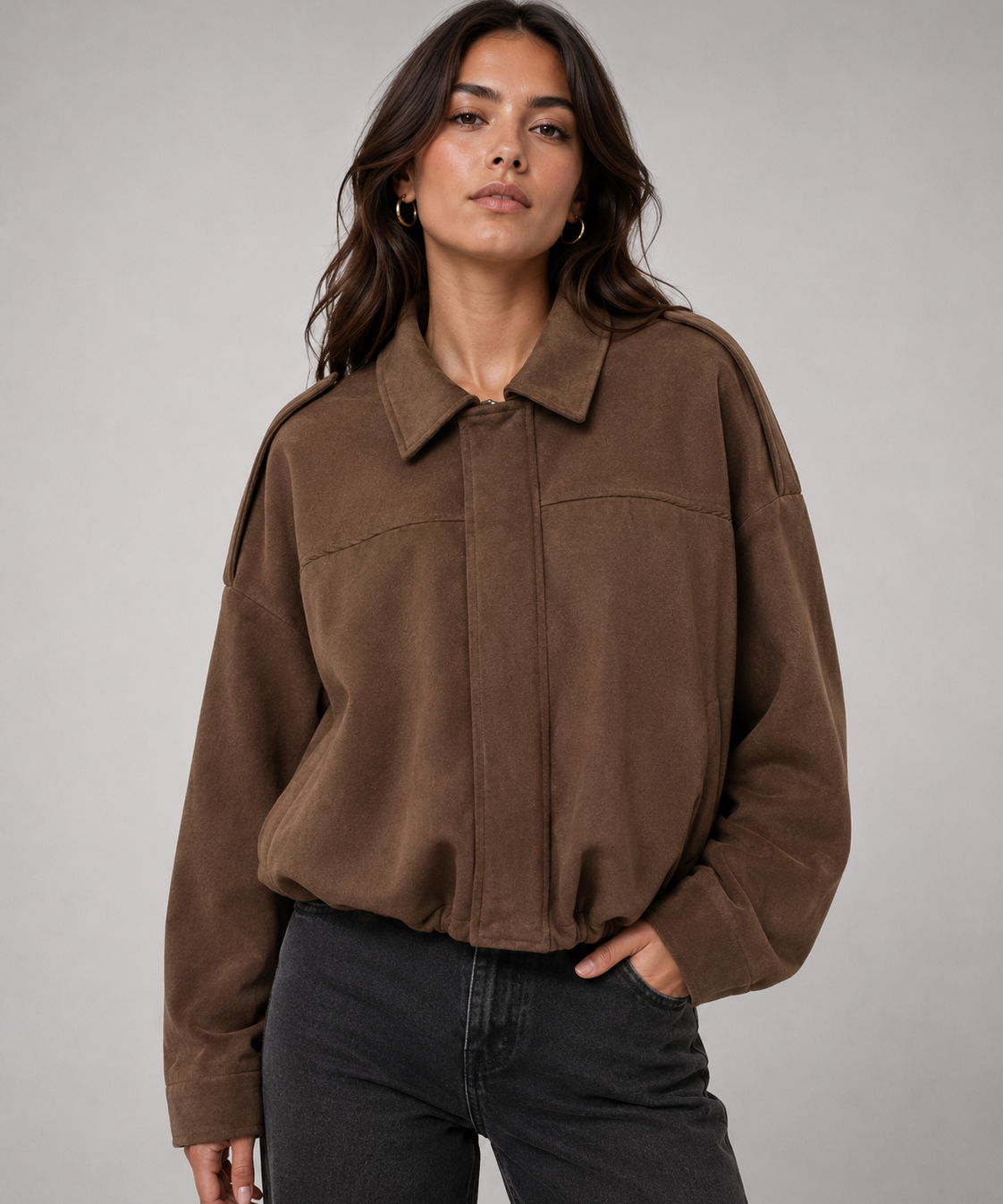 Manteau Vintage en Suédine Texturée – Manches Chauve-Souris, Col à Revers, Quotidien