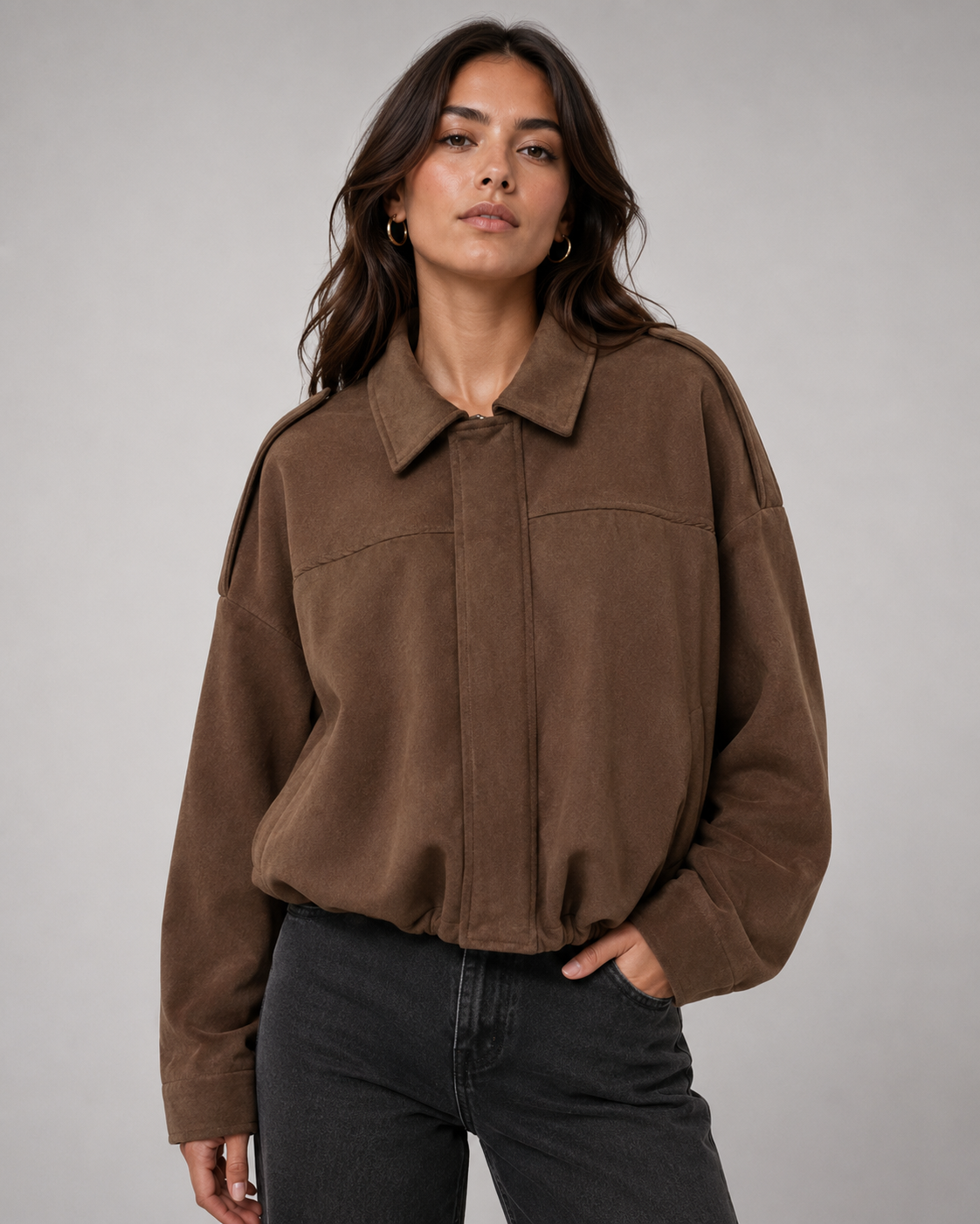Manteau Vintage en Suédine Texturée – Manches Chauve-Souris, Col à Revers, Quotidien