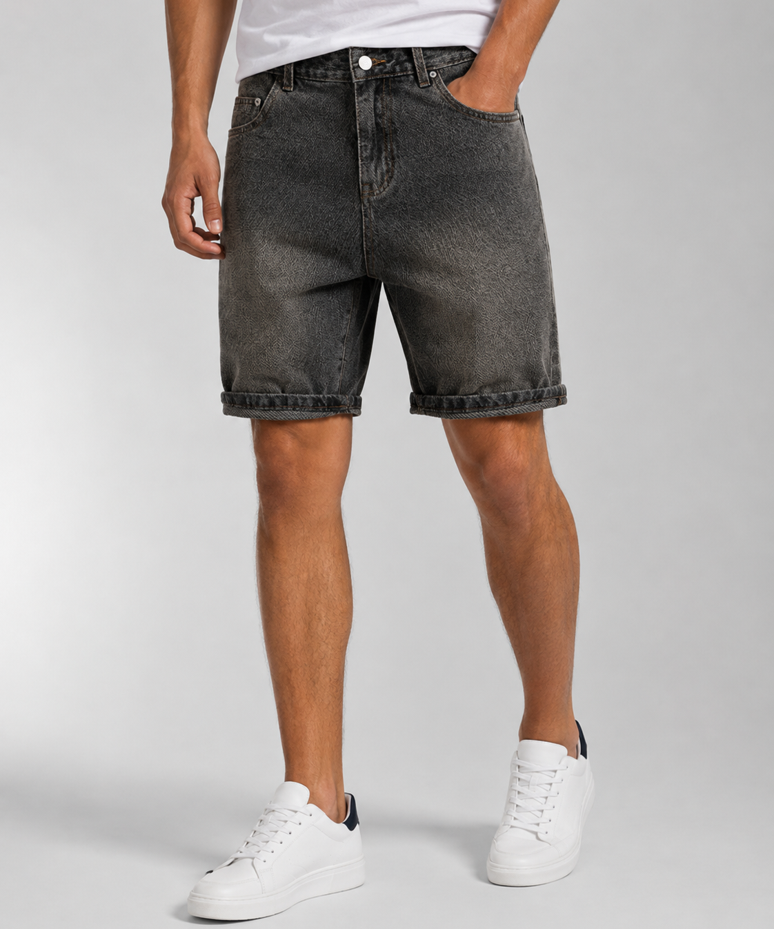 Short en denim pour hommes – Motif céleste, coupe droite cinq points, style rétro