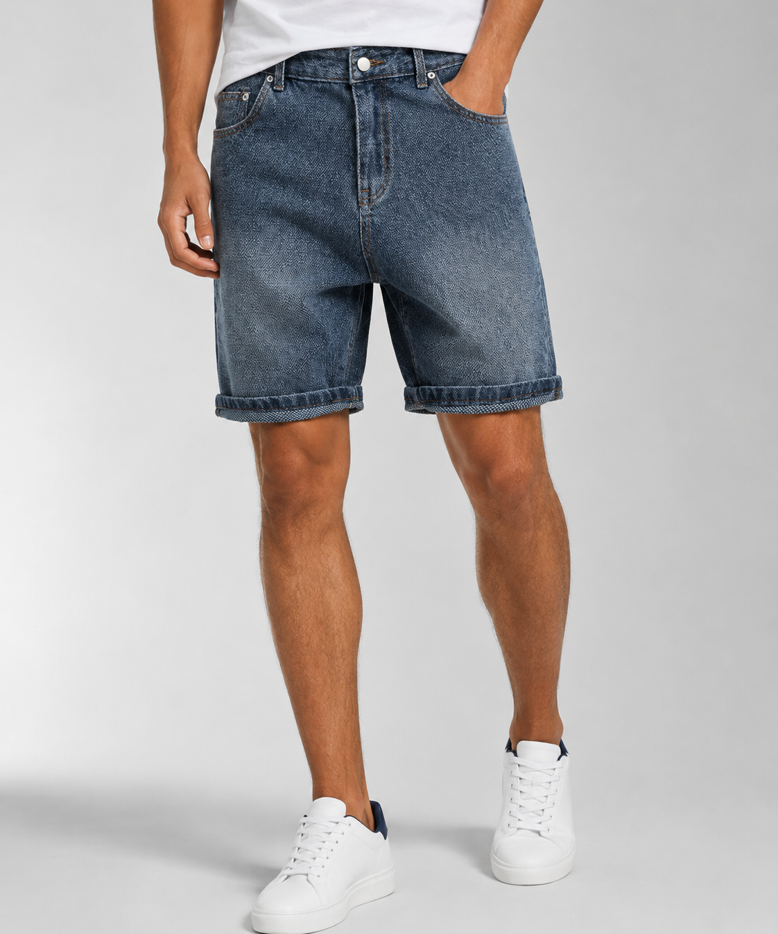 Short en denim pour hommes – Motif céleste, coupe droite cinq points, style rétro