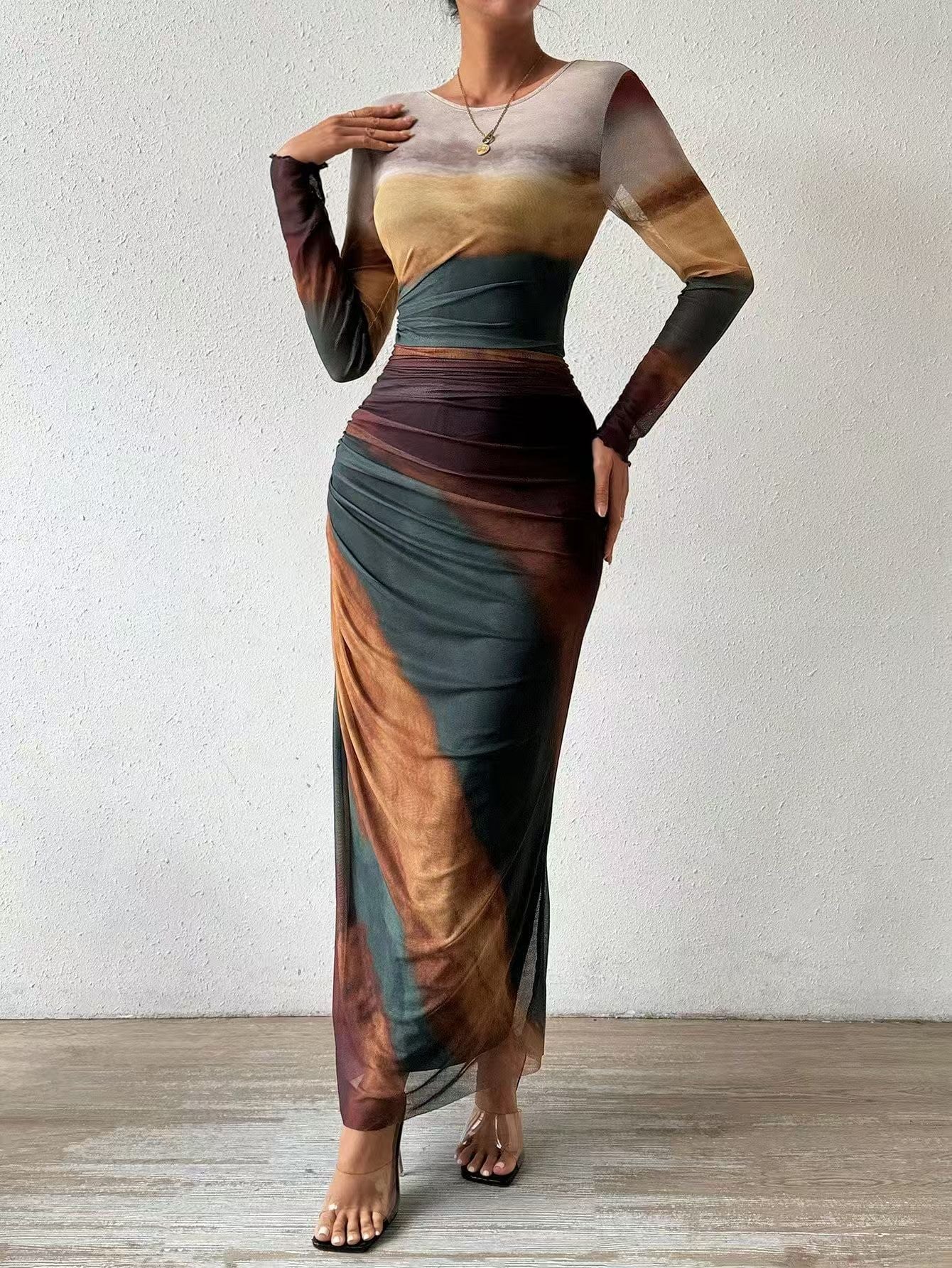 Robe maxi bodycon imprimée manches longues
