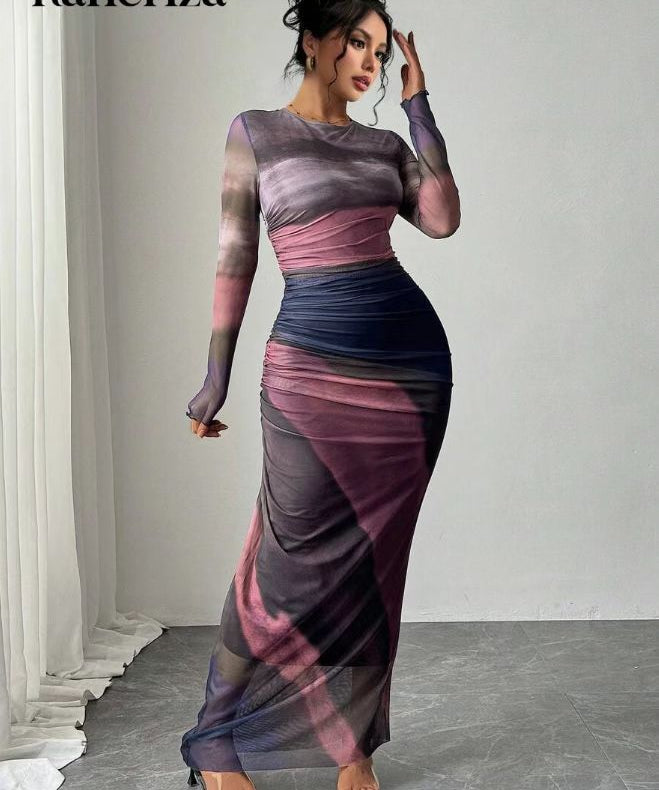 Robe maxi bodycon imprimée manches longues