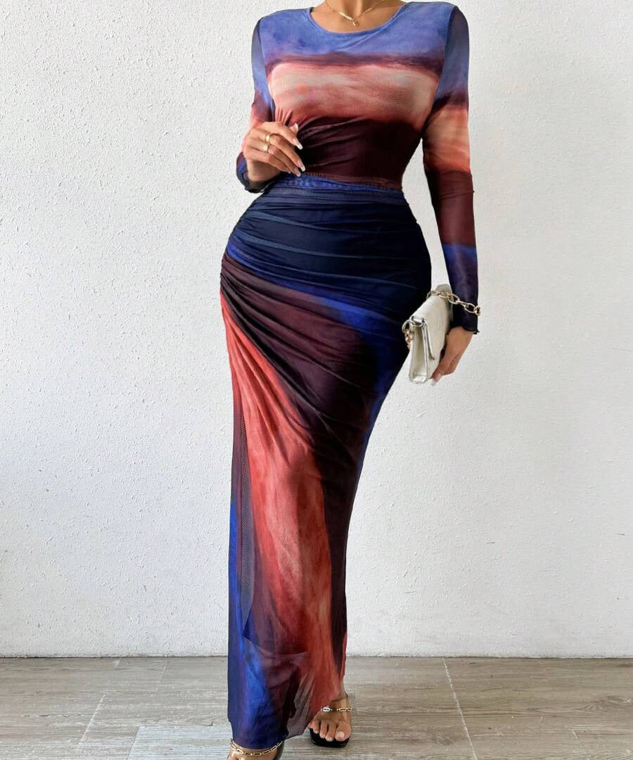 Robe maxi bodycon imprimée manches longues