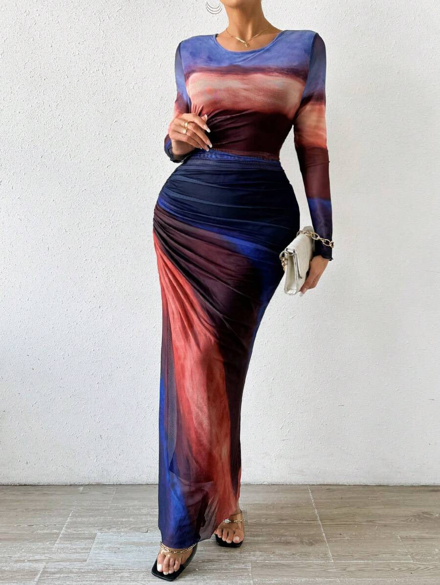 Robe maxi bodycon imprimée manches longues