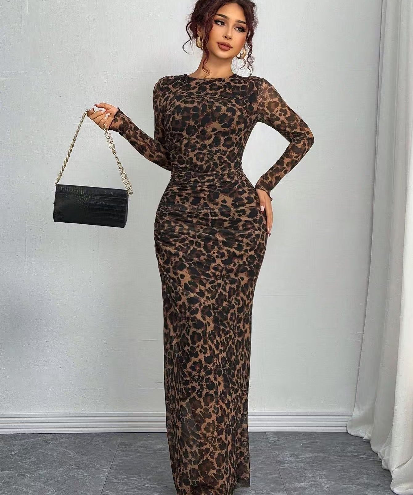 Robe maxi bodycon imprimée manches longues