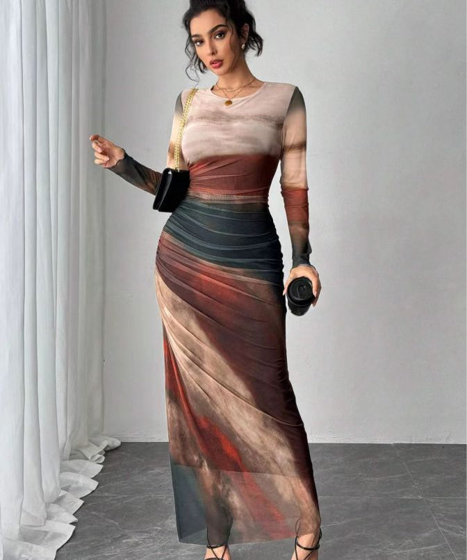 Robe maxi bodycon imprimée manches longues