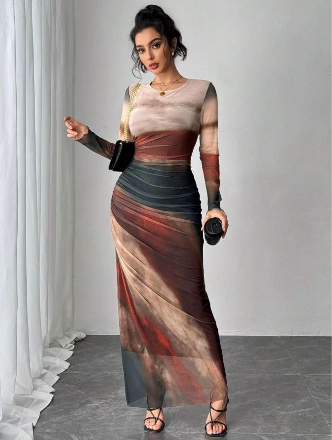Robe maxi bodycon imprimée manches longues
