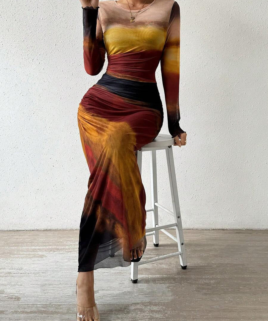 Robe maxi bodycon imprimée manches longues