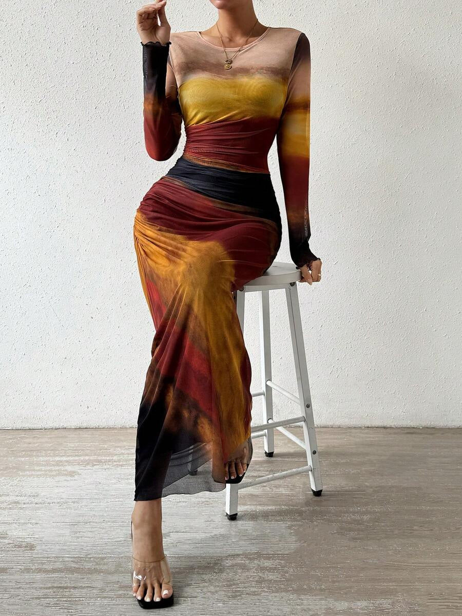 Robe maxi bodycon imprimée manches longues