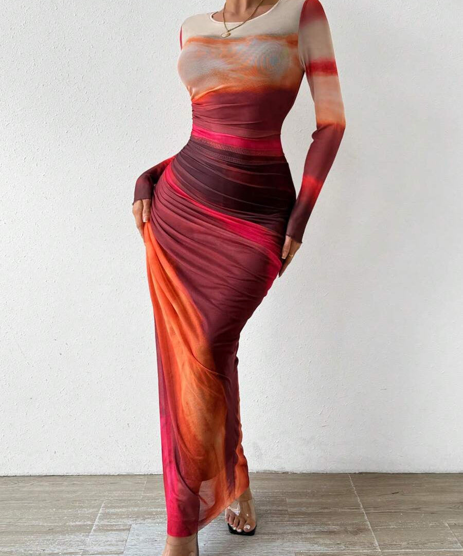 Robe maxi bodycon imprimée manches longues