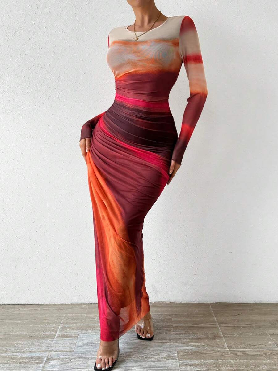 Robe maxi bodycon imprimée manches longues
