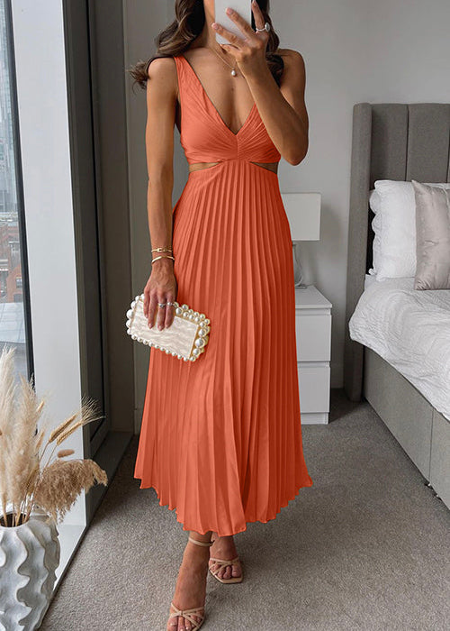 Élégante Robe Maxi Femme avec Encolure en V et Jupe Plissée