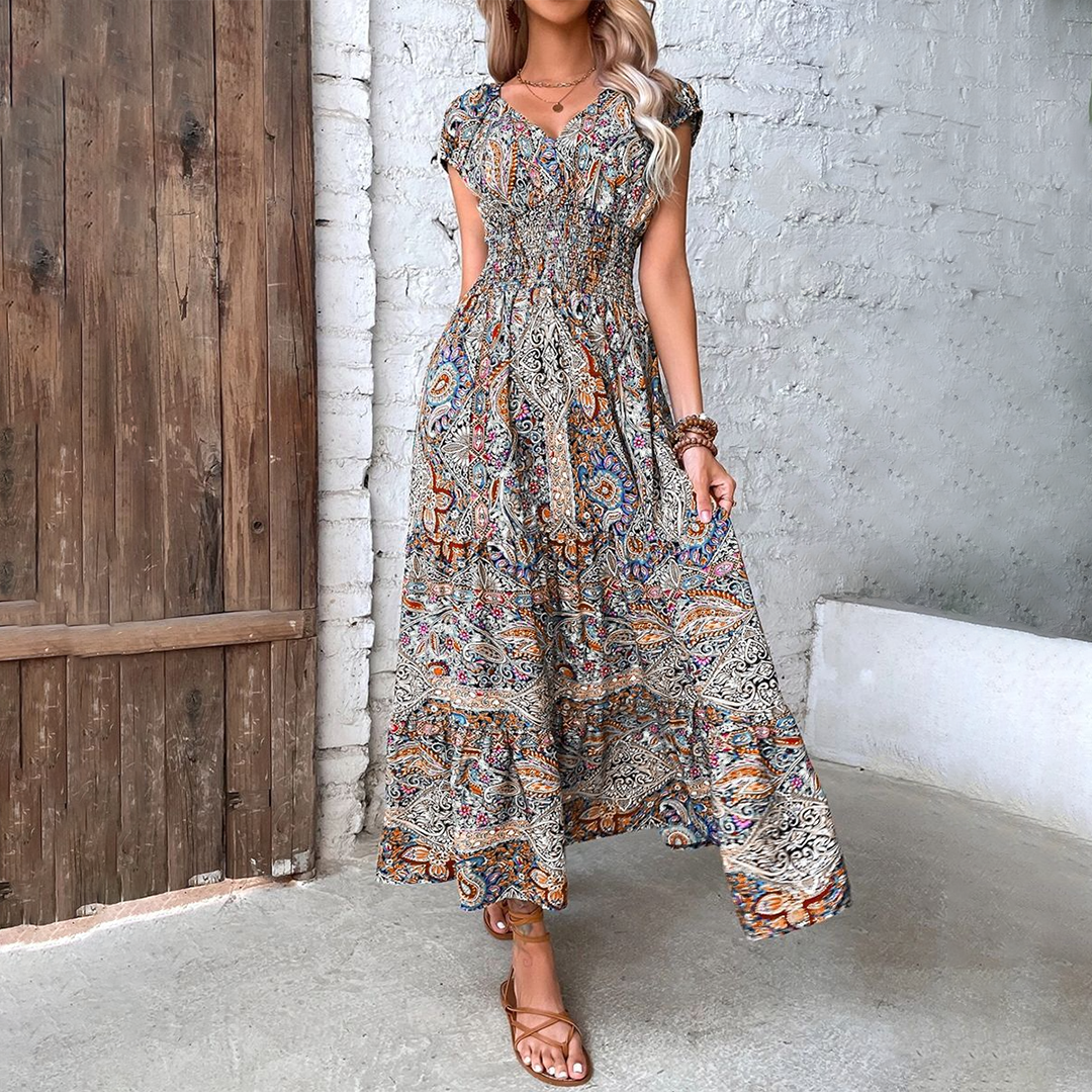 Robe Bohème Longue Élégante à Manches Courtes et Col V