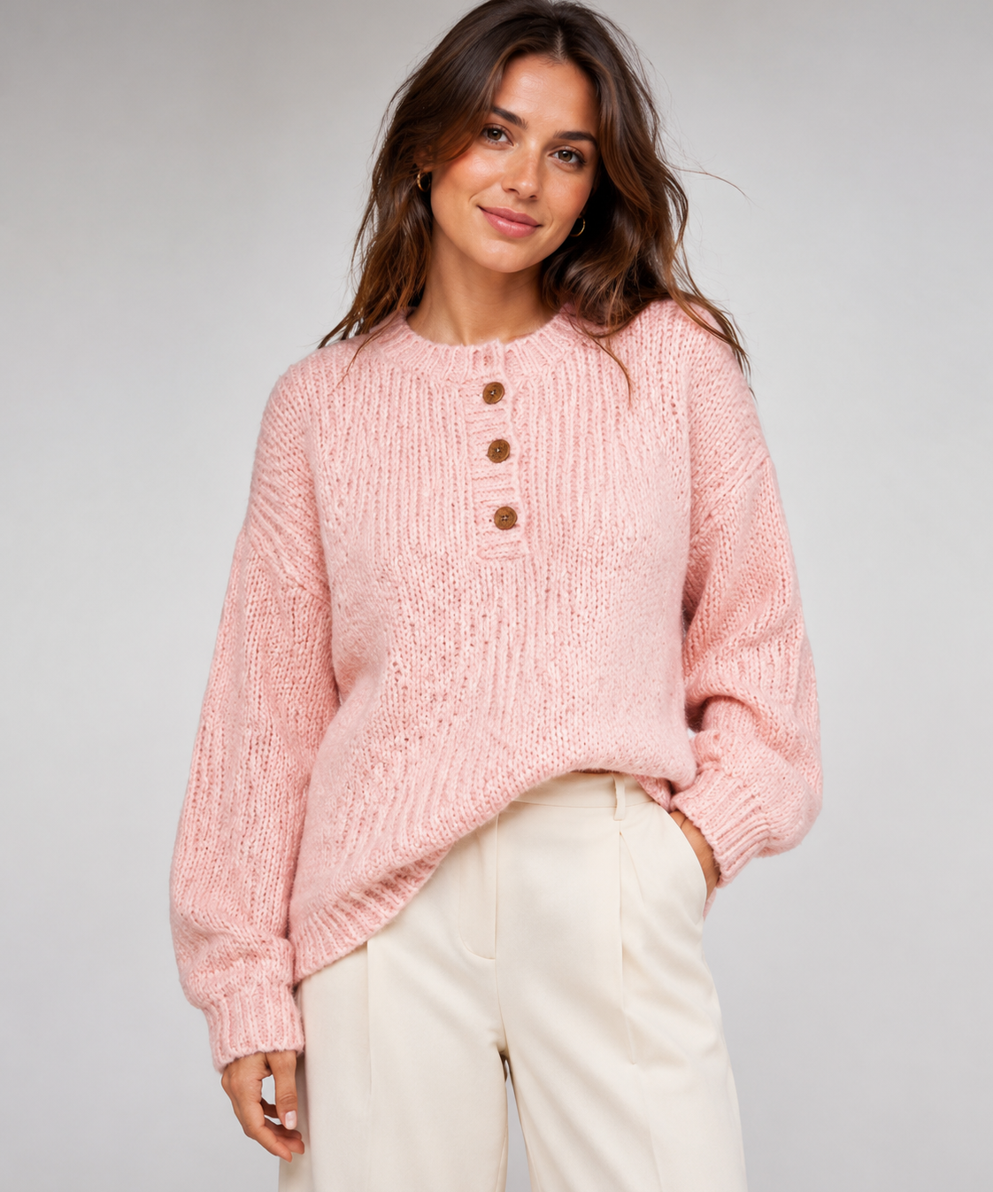 Pull Henley tricoté – Col boutonné, Finitions côtelées, Travail et loisirs
