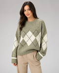 Pull Femme en Maille à Motif Losanges – Coupe Oversize, Col Rond, Style Décontracté