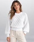 Pull femme en tricot torsadé – Manches lanternes, col rond, taille côtelée