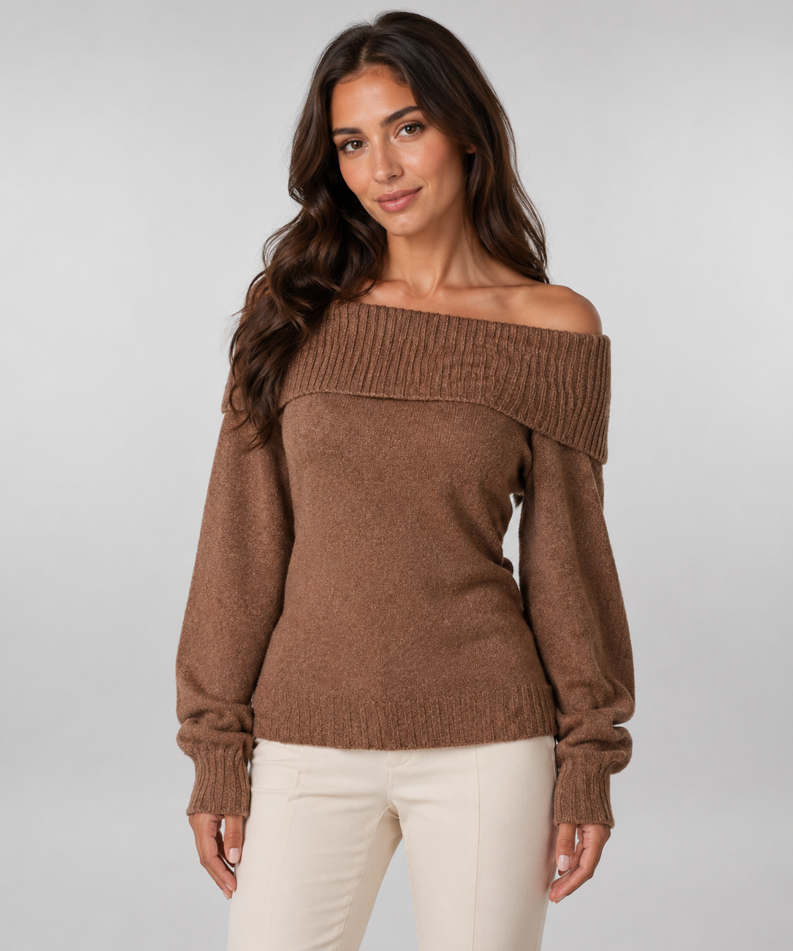 Pull femme épaules dénudées – Col revers côtelé, coupe ajustée, manches longues