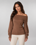 Pull Femme Épaules Dénudées – Maille Douce, Col Replié Côtelé, Coupe Ajustée