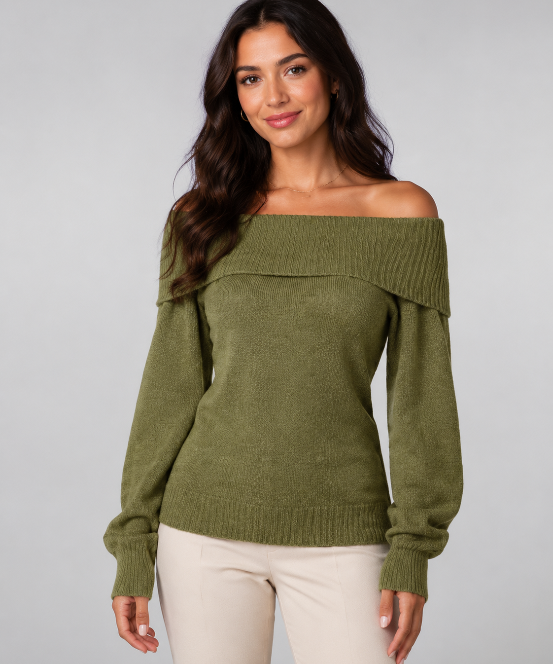 Pull femme épaules dénudées – Col revers côtelé, coupe ajustée, manches longues