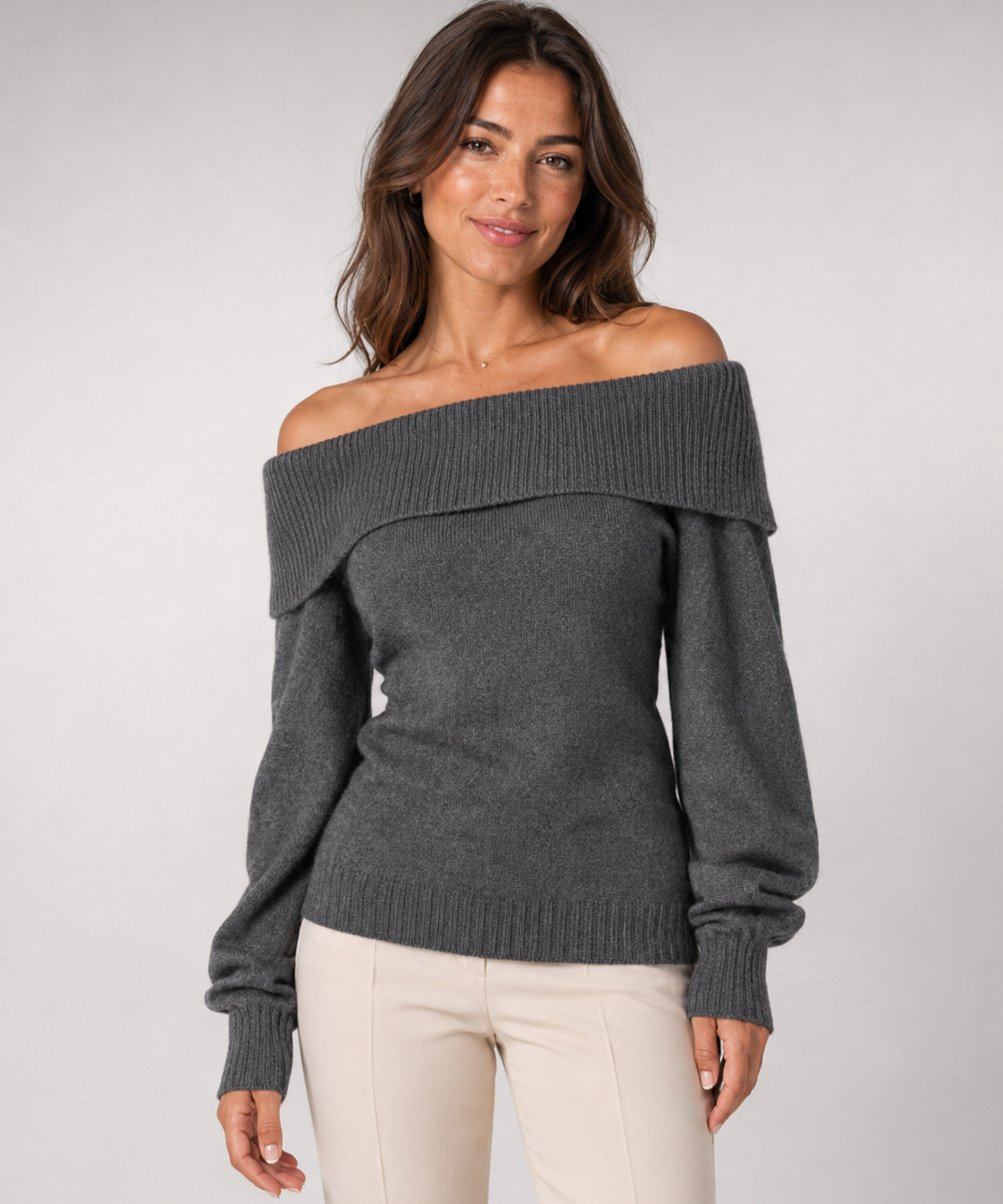 Pull femme épaules dénudées – Col revers côtelé, coupe ajustée, manches longues