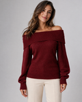Pull femme épaules dénudées – Col revers côtelé, coupe ajustée, manches longues