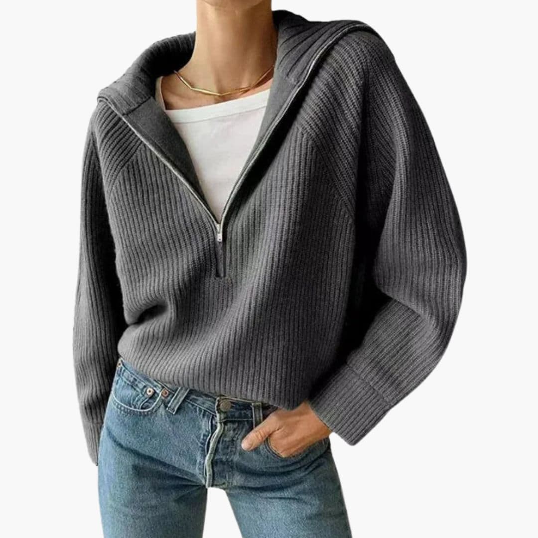 Pull Femme Demi-Zip en Maille Côtelée