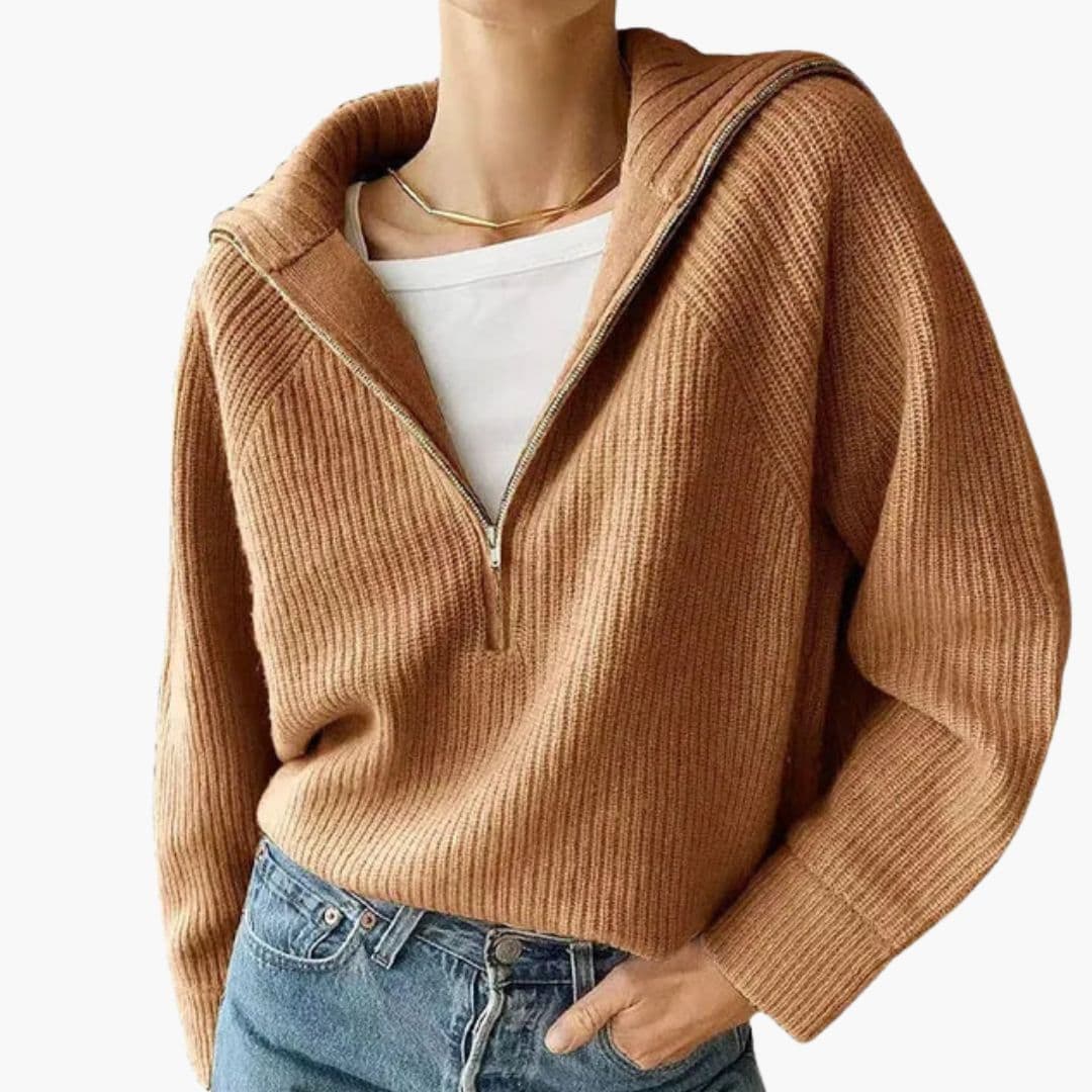 Pull Femme Demi-Zip en Maille Côtelée