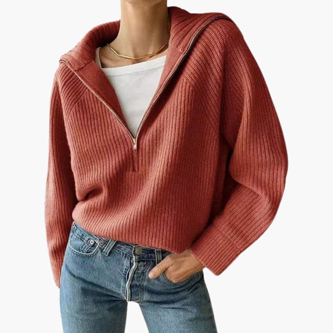 Pull Femme Demi-Zip en Maille Côtelée