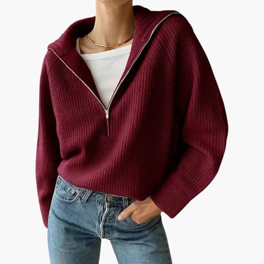 Pull Femme Demi-Zip en Maille Côtelée