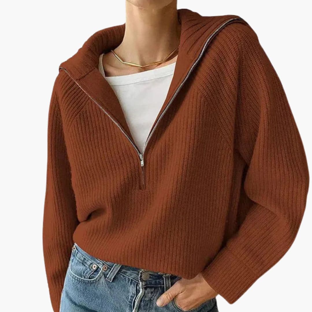 Pull Femme Demi-Zip en Maille Côtelée