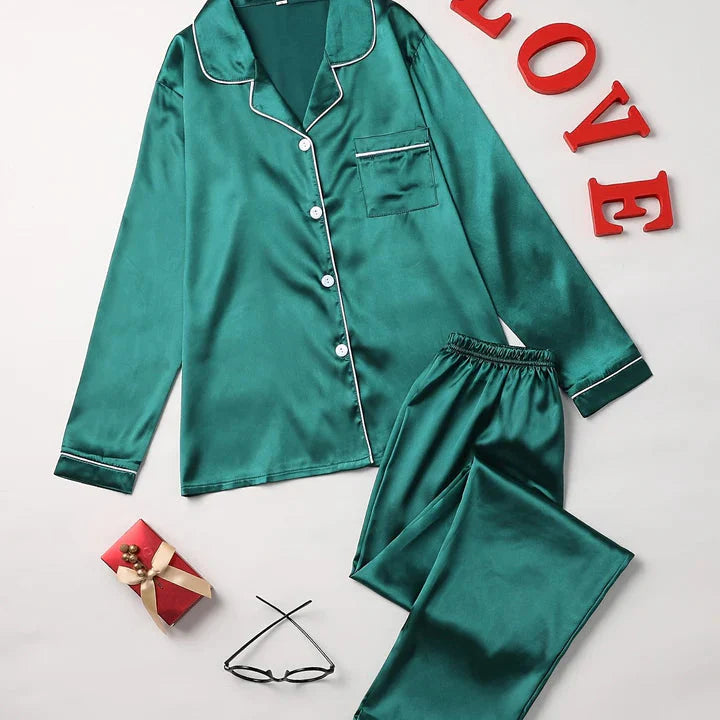 Ensemble Pyjama Satin Féminin – Manches Longues & Boutonné