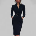 Robe Midi Fourreau Ceinturée – Col Raffiné & Élégance Bureau-Soirée