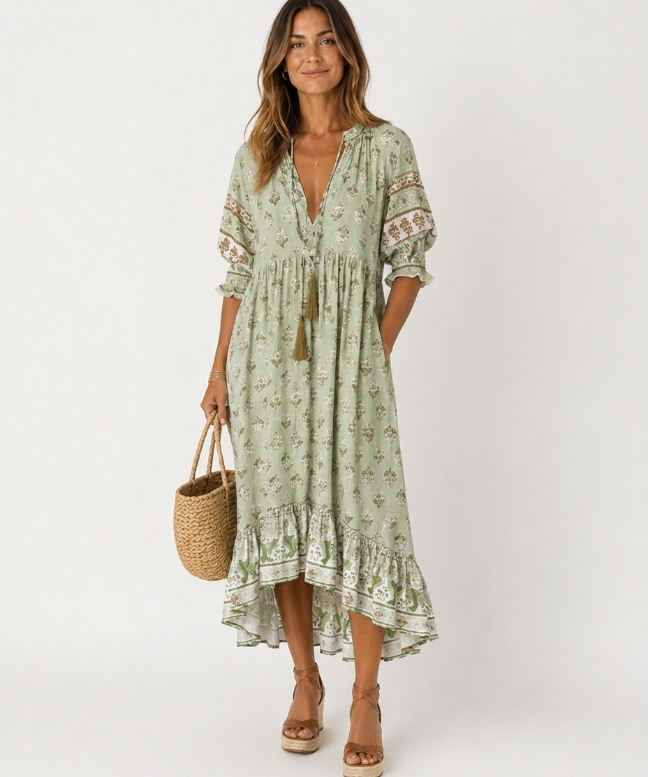 Robe Fleurie à Col en V – Coupe Fluide Taille Cintrée Pour le Quotidien