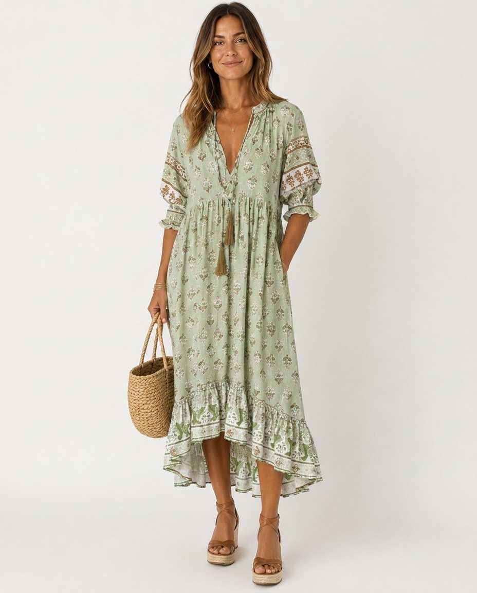Robe Fleurie à Col en V – Coupe Fluide Taille Cintrée Pour le Quotidien
