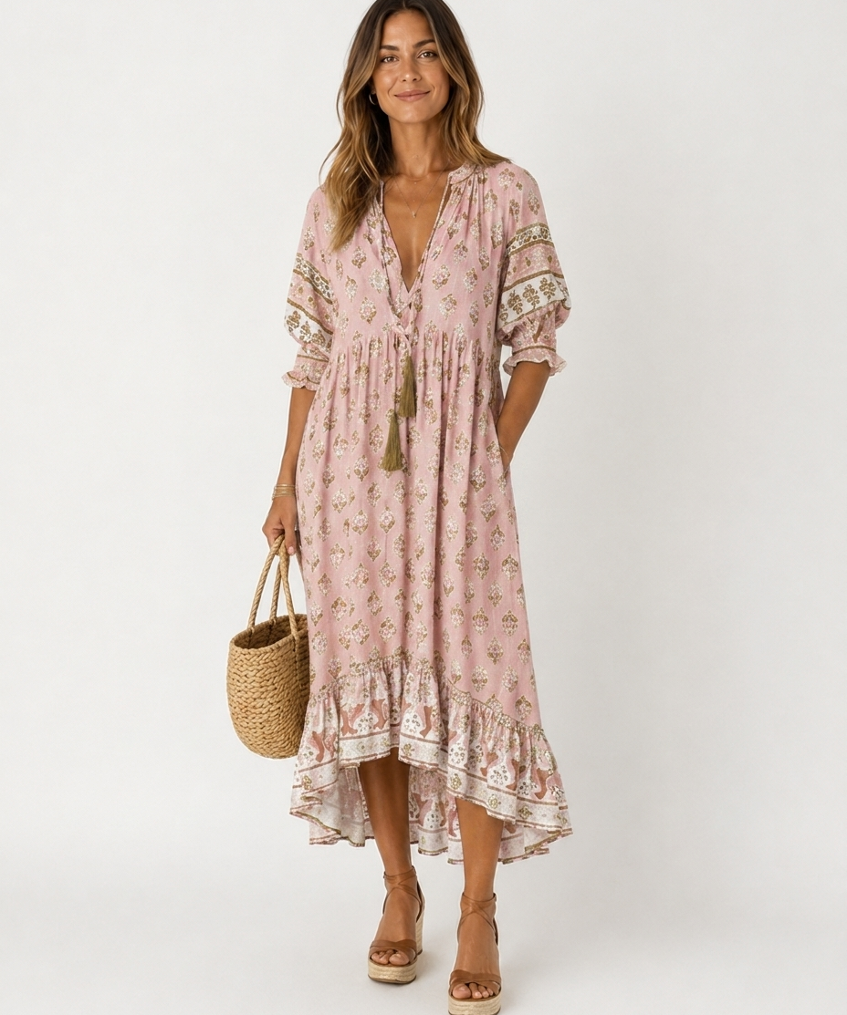Robe Fleurie à Col en V – Coupe Fluide Taille Cintrée Pour le Quotidien